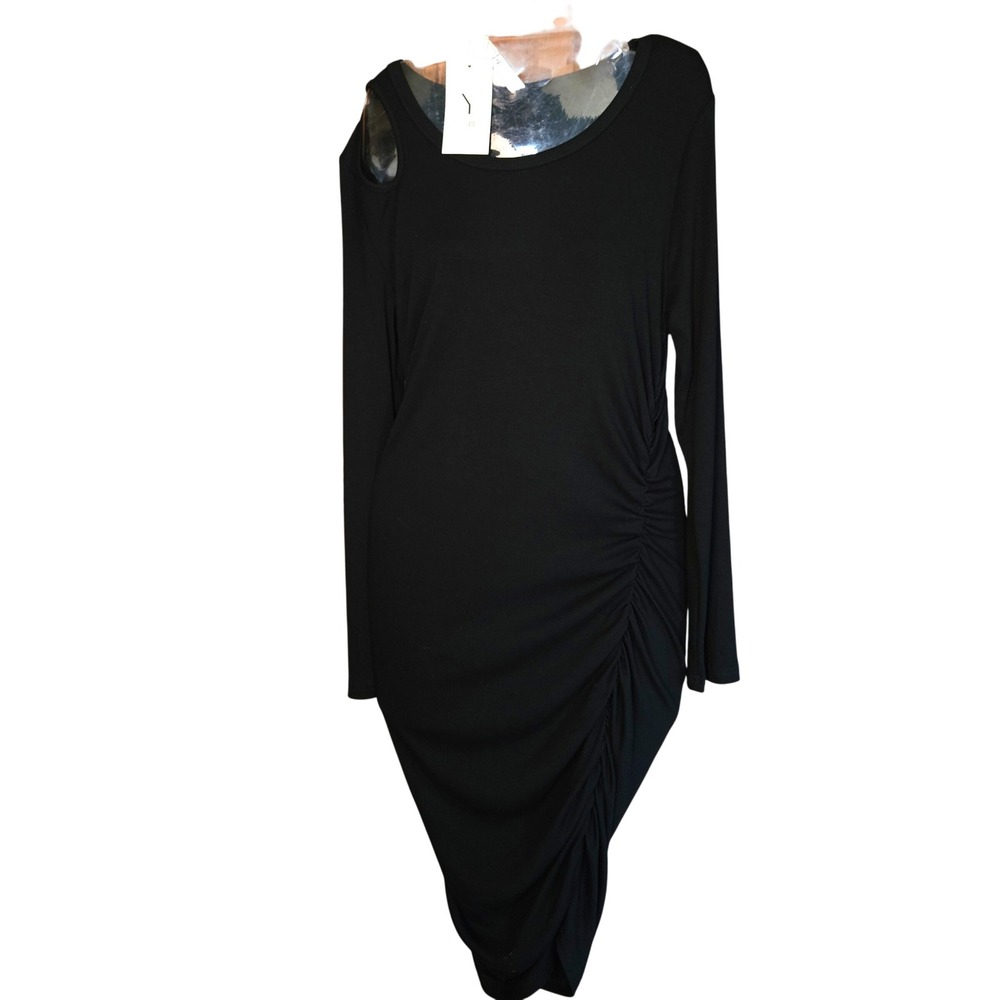 Yestio Women Black Ribbed Knit Bodycon Dress Lg Slve Ruched Cold Shoulder NEW XL